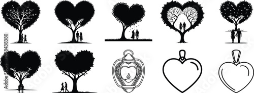 Black and white heart-shaped tree silhouettes with couples and lantern