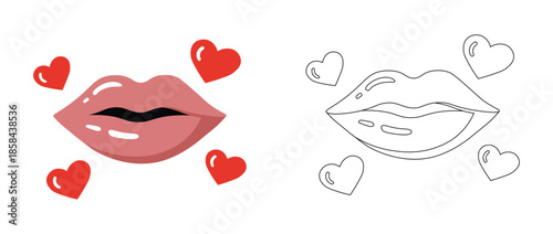 Lips with Hearts Vector Set – Romantic Kiss Illustration in Color and Outline Style