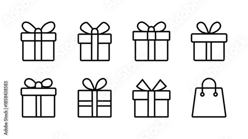 Gift Box Outline Icons Set – Minimal Present and Shopping Bag Vector Collection