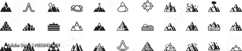 Collection of Mountain Icons, Featuring Diverse Peaks, Summit Symbols, and Snowy Apexes for Travel and Adventure Themed Designs