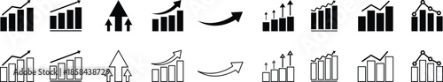 Vector icons for business growth, financial trends, and data visualization. Bar charts and arrows depict progress, economic development, and market analysis concepts