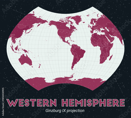 Western Hemisphere. World map. Ginzburg IX projection centered to Western Hemisphere. Pale Mint Dark Pink palette. Vintage texture. Elegant vector illustration.