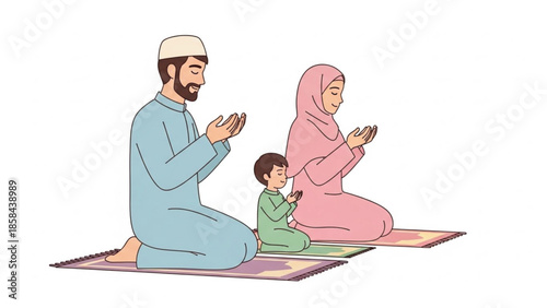 A Muslim family, including father, mother, and child, kneeling on prayer mats and performing Salah, illustrating religious devotion.