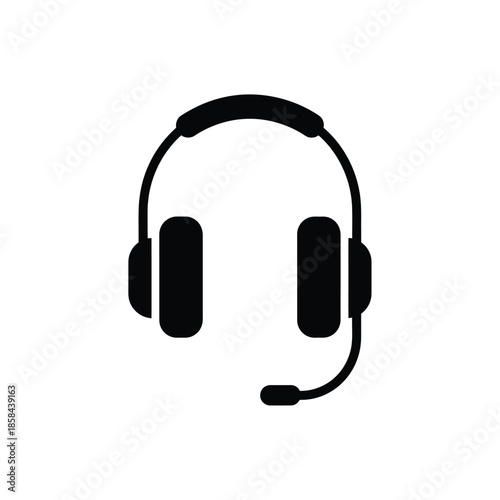a simple black and white illustration depicts a headset with a microphone commonly used for communication gaming or customer service applications