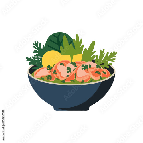 Fresh salmon and vegetable bowl isolated on white background, Vector