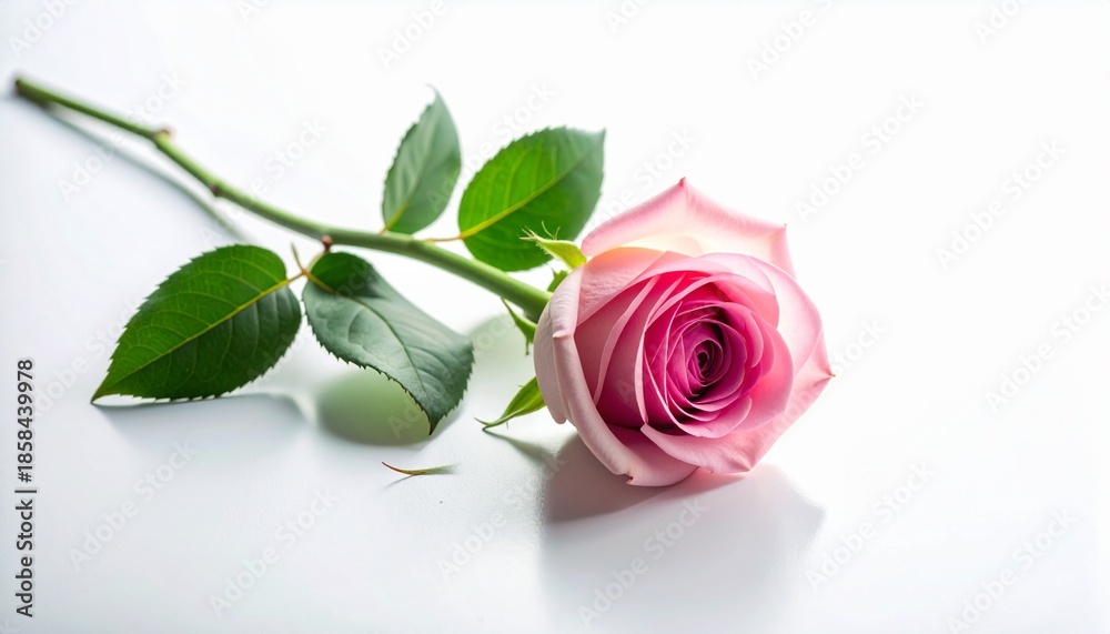 Fototapeta premium Pink Rose with Green Leaves on White Background