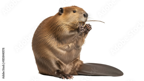 Isolated, American beaver holding a stick, sitting upright looking left on a plain background