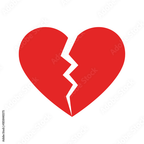 a simple illustration depicts a bright red heart that is visibly fractured down the middle symbolizing heartbreak and emotional pain