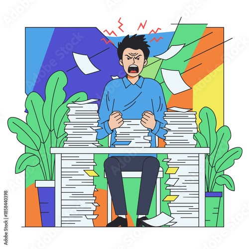 Overwhelmed businessman screams buried in excessive paperwork and office workload illustration
