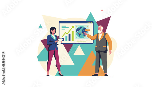 Business team analyzes global growth data presentation and strategy