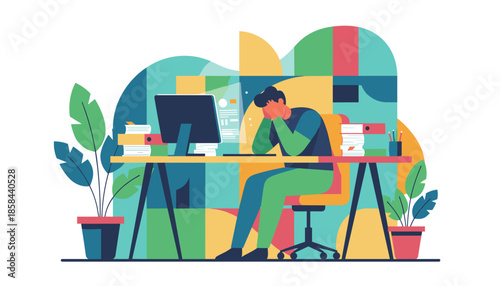 Stressed worker dealing with burnout and heavy workload at the desk