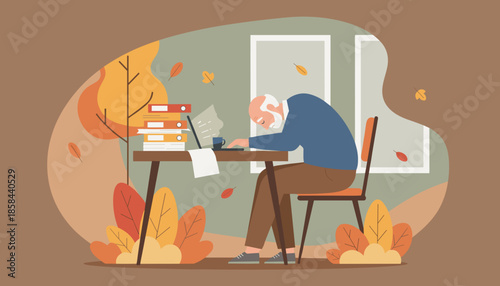 Stressed senior man overworked at an autumn desk with files sleeping on his laptop symbolizing burnout
