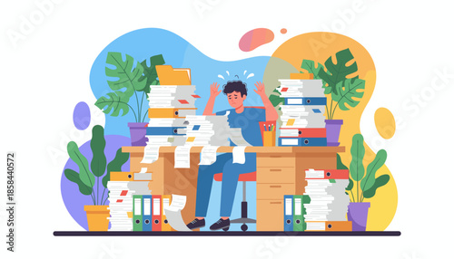 Overworked employee stressed by excessive paperwork and unmanageable office workload