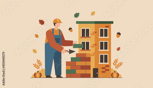 Mason building a brick wall for an apartment building autumnal construction concept Flat vector illustration