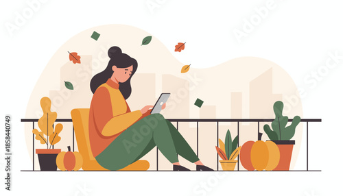 Woman relaxing on a cozy autumn balcony using tablet with cityscape view and falling leaves