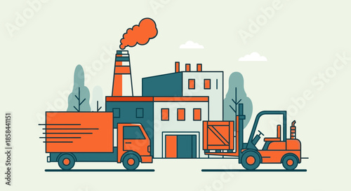 Industrial logistics Forklift loads truck outside a factory building Manufacturing and delivery