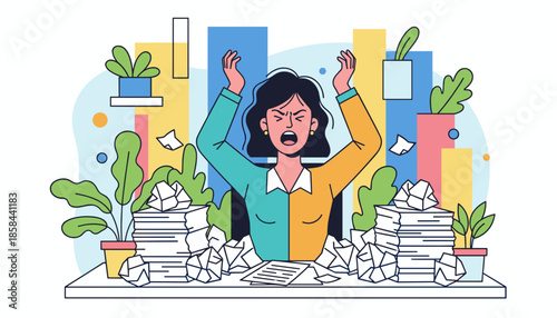 Frustrated worker screams overwhelmed by immense paperwork and demanding deadlines illustrating office stress and burnout
