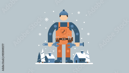 Winter service worker holding wrenches outdoors in falling snow Plumber or repairman illustration