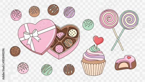 A delightful collection of Valentine's Day themed sweets including a heart-shaped box of chocolates, colorful lollipops, a decorated cupcake, and various candies.