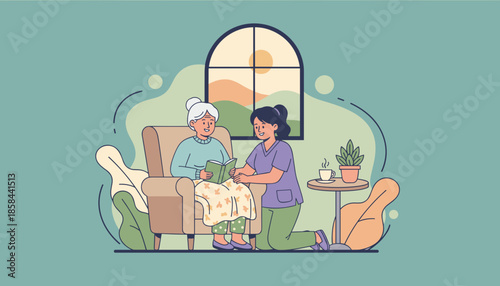 Professional caregiver reading to an elderly woman in a cozy home setting