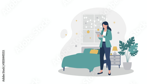 Woman plans for holidays using a tablet in a cozy decorated bedroom