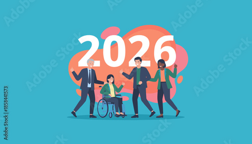Diverse business team celebrates 2026 planning showing inclusion and future success