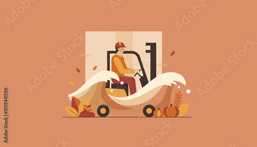Warehouse worker operating forklift during autumn seasonal logistics and fast delivery