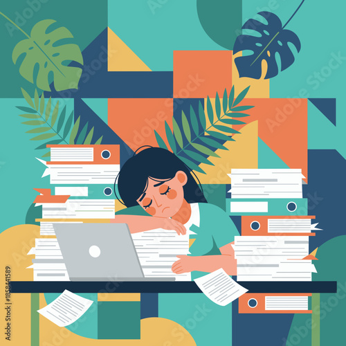 Tired woman overwhelmed by paperwork and tasks experiencing job burnout and office stress