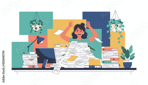 Stressed woman buried in paperwork piles at office desk overwhelmed by workload anxiety and deadline pressure