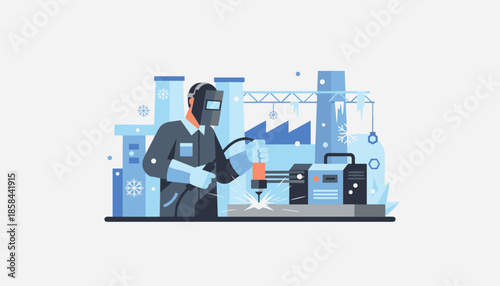Welder working outside in cold winter weather at a manufacturing industrial factory