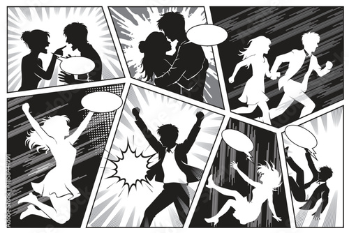 Vector comic panel illustration featuring black and white silhouettes of men and women in dramatic action scenes with speech bubbles, dynamic motion lines, and storytelling layout.