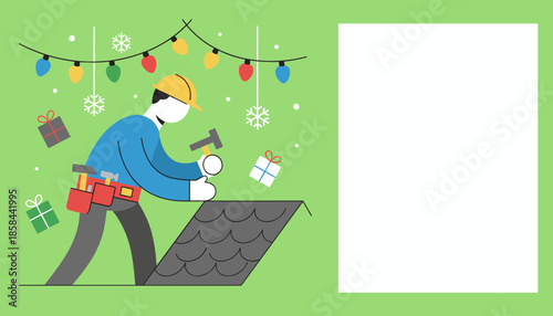 Roofer installs shingles while festive holiday lights and snow fall Winter home repair