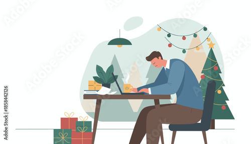 Deadline stress Man works on laptop near a decorated Christmas tree