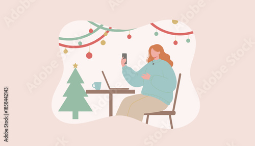 Festive work from home Woman making a video call by the Christmas tree
