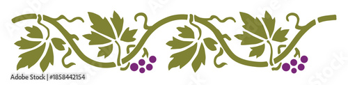 A green vine ornament with leaves and clusters of purple grapes
