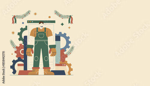 Industrial support worker illustration with gears technology interface and Christmas decorations