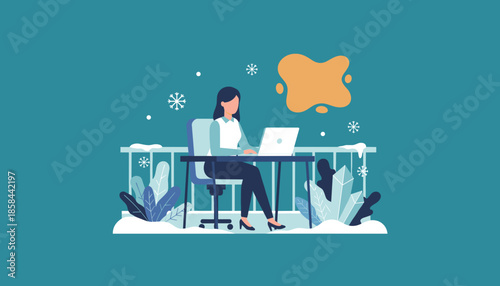 Freelancer works on laptop on a balcony during winter Home office concept illustration