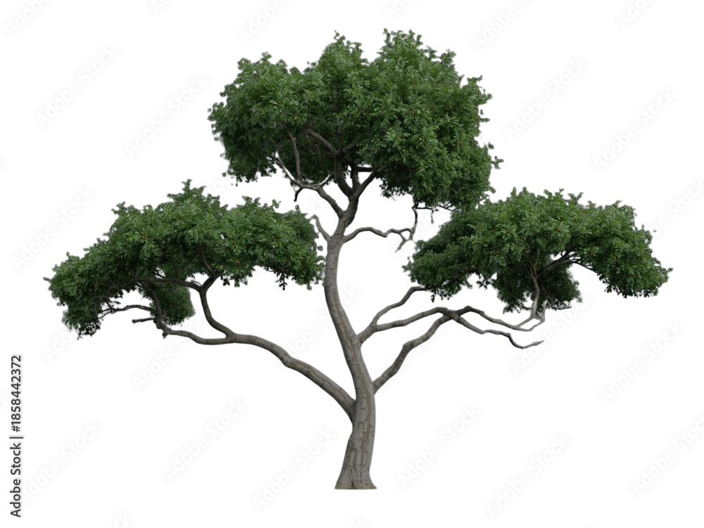 Obraz premium 3D A big green oak tree with lush foliage and a natural trunk isolated on a white background representing summer growth in a forest environment