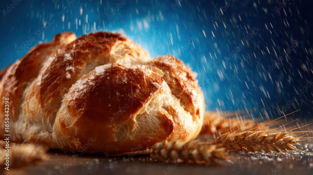 Fototapeta premium A beautifully crafted loaf of bread emerges as flour is gently sprinkled around it, symbolizing warmth and artistry in baking with an inviting, rustic appeal to the scene.