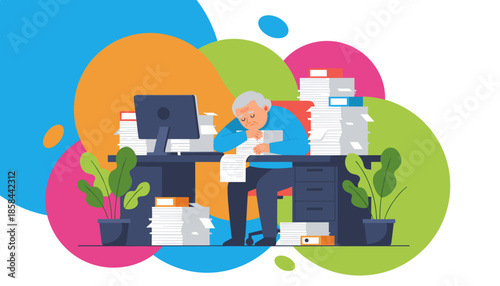 Stressed senior worker overwhelmed by paperwork at desk Concept of burnout workload and bureaucracy