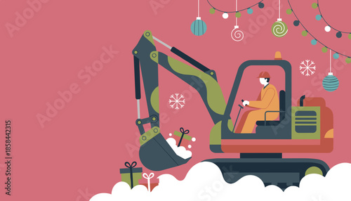 Heavy machinery Christmas Excavator moves holiday gifts and snow under festive string lights