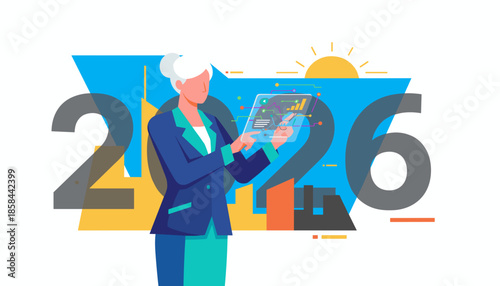 Business executive plans success for 2026 analyzing futuristic data projections on a holographic screen