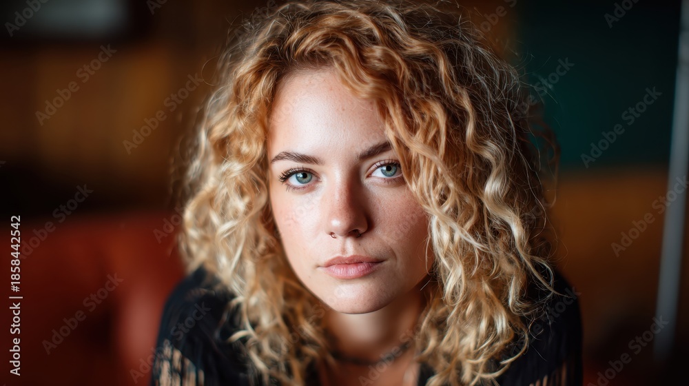Fototapeta premium A captivating portrait capturing the essence of a young woman with stunning curly hair and expressive eyes, evoking her personality and allowing an emotional connection.