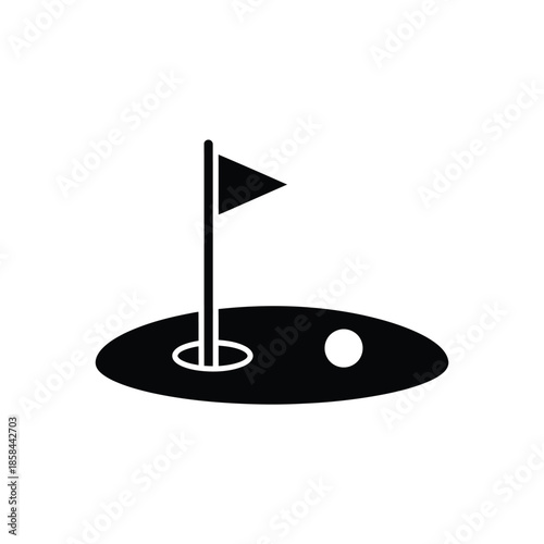 a simple black and white graphic depicts a golf hole with a flag and golf ball representing the sport high quality