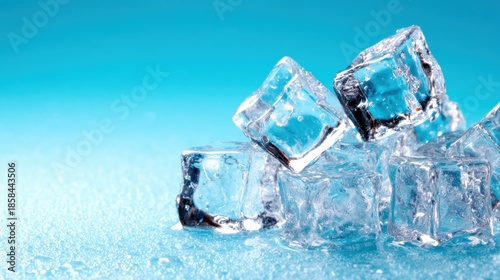 Vibrant ice cubes glisten against a bright blue background, showcasing their clarity and texture, perfect for visual aesthetics and cooling beverages.