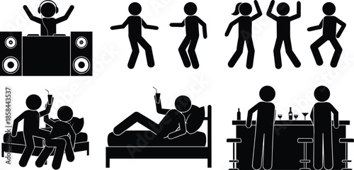 Nightlife party vector silhouette set featuring dj at turntable people dancing having drinks at bar and relaxing in lounge