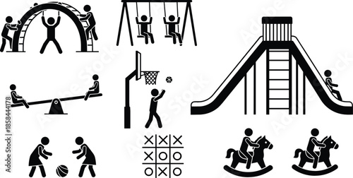 Black and white playground pictogram set with children playing on slides swings seesaws and outdoor park equipment