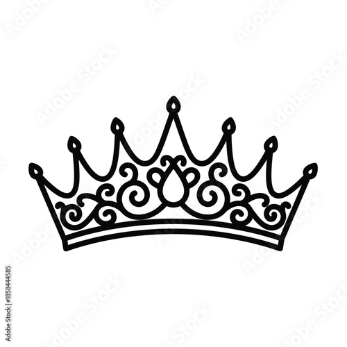 A detailed black and white illustration depicts a regal crown showcasing ornate swirls and pointed arches signifying royalty and power