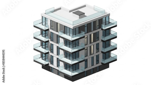 A modern, multi-story residential building with sleek glass balconies and a rooftop terrace, viewed from directly above.