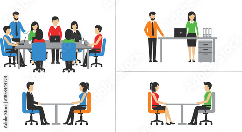 Business office scenes set with professional people working in team meetings coworking spaces and job interviews